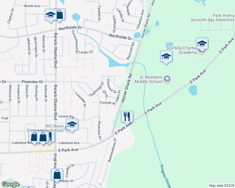map of restaurants, bars, coffee shops, grocery stores, and more near 1857 Chestnut Dr in Valdosta