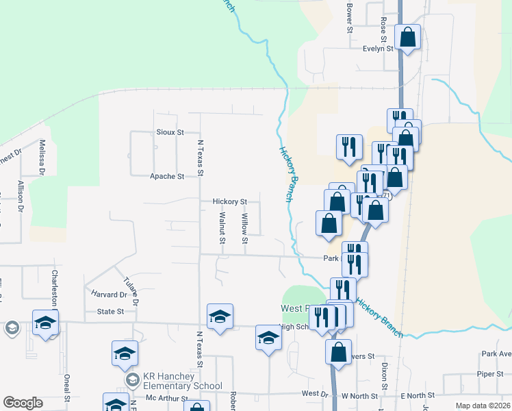 map of restaurants, bars, coffee shops, grocery stores, and more near 701 Hickory Street in DeRidder