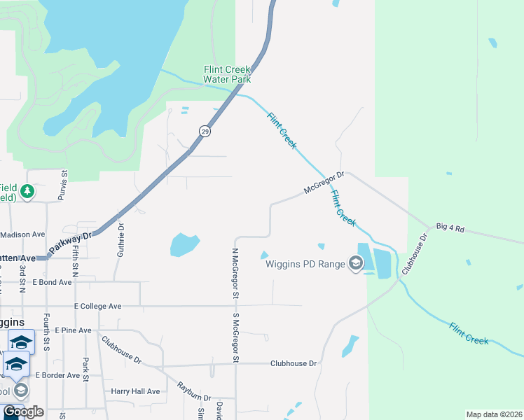 map of restaurants, bars, coffee shops, grocery stores, and more near 1268 McGregor Drive in Wiggins