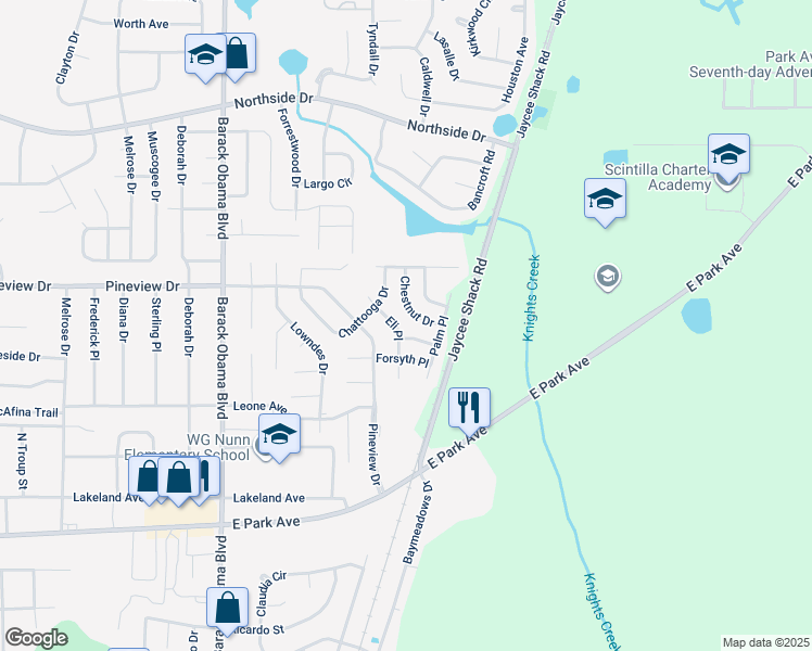 map of restaurants, bars, coffee shops, grocery stores, and more near 1739 Eli Place in Valdosta