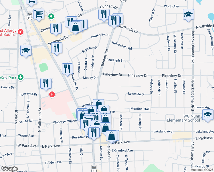 map of restaurants, bars, coffee shops, grocery stores, and more near 2233 Bemiss Road in Valdosta