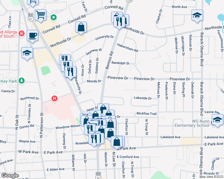map of restaurants, bars, coffee shops, grocery stores, and more near 2233 Bemiss Road in Valdosta