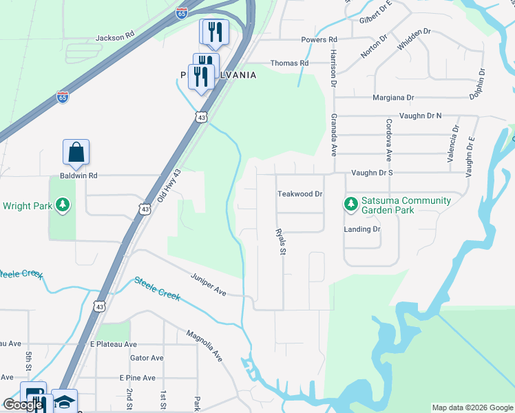 map of restaurants, bars, coffee shops, grocery stores, and more near 5826 West Chattanooga Drive in Satsuma