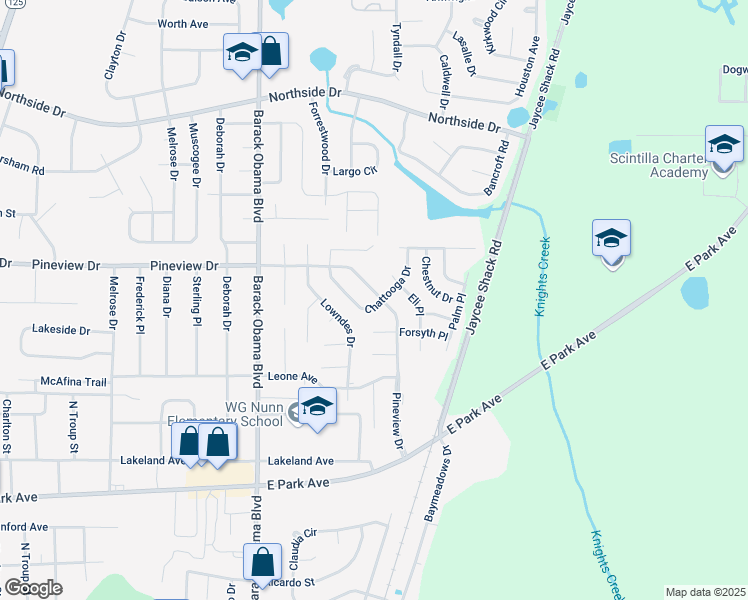 map of restaurants, bars, coffee shops, grocery stores, and more near 2301 Chattooga Drive in Valdosta