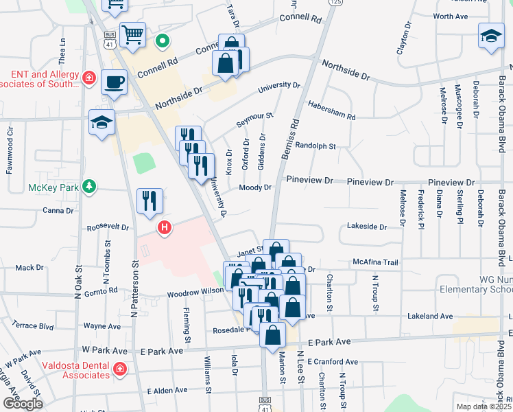 map of restaurants, bars, coffee shops, grocery stores, and more near 415 Pendleton Place in Valdosta