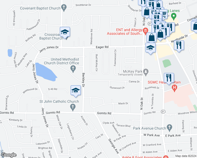 map of restaurants, bars, coffee shops, grocery stores, and more near 414 Canna Drive in Valdosta