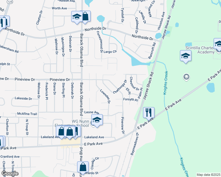 map of restaurants, bars, coffee shops, grocery stores, and more near 2307 Chattooga Drive in Valdosta