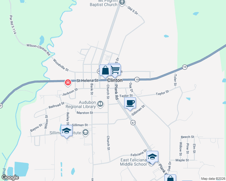 map of restaurants, bars, coffee shops, grocery stores, and more near 11143 Plank Road in Clinton