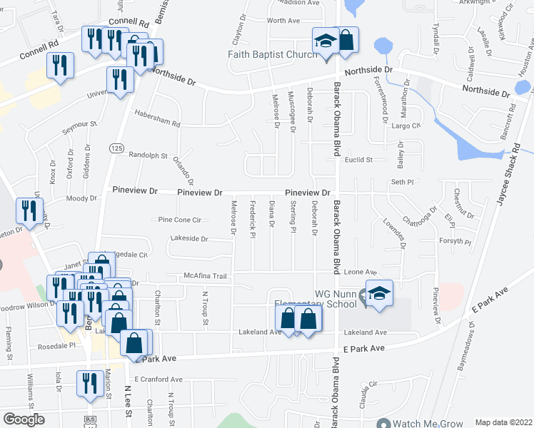 map of restaurants, bars, coffee shops, grocery stores, and more near 2324 Diana Drive in Valdosta