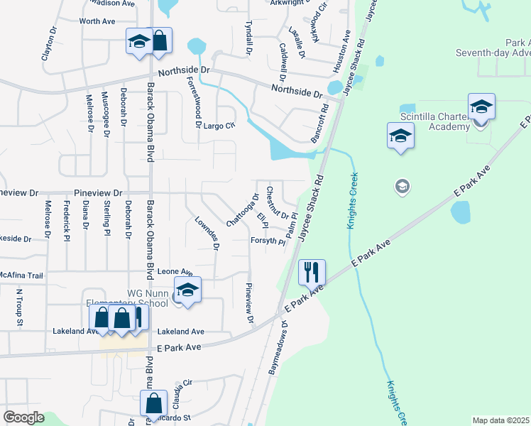 map of restaurants, bars, coffee shops, grocery stores, and more near 1739 Eli Place in Valdosta