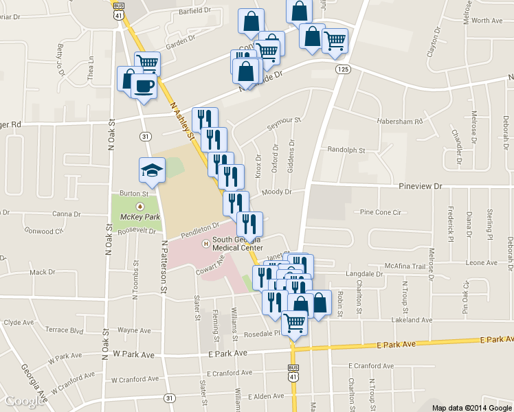 map of restaurants, bars, coffee shops, grocery stores, and more near 2305 University Drive in Valdosta