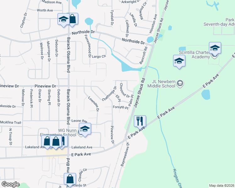 map of restaurants, bars, coffee shops, grocery stores, and more near 1739 Eli Place in Valdosta