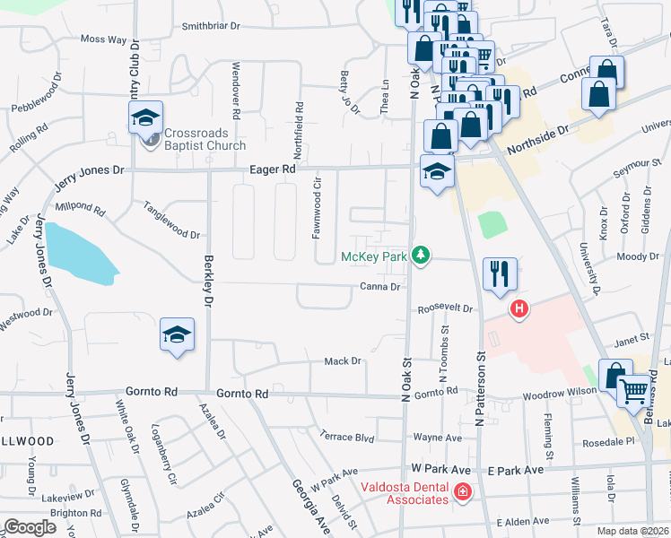 map of restaurants, bars, coffee shops, grocery stores, and more near 2807 Fawnwood Circle in Valdosta