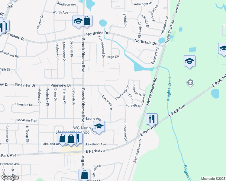 map of restaurants, bars, coffee shops, grocery stores, and more near 2720 Pineview Drive in Valdosta