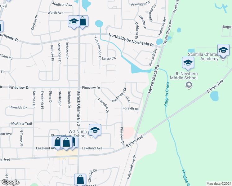map of restaurants, bars, coffee shops, grocery stores, and more near 1701 Eli Place in Valdosta