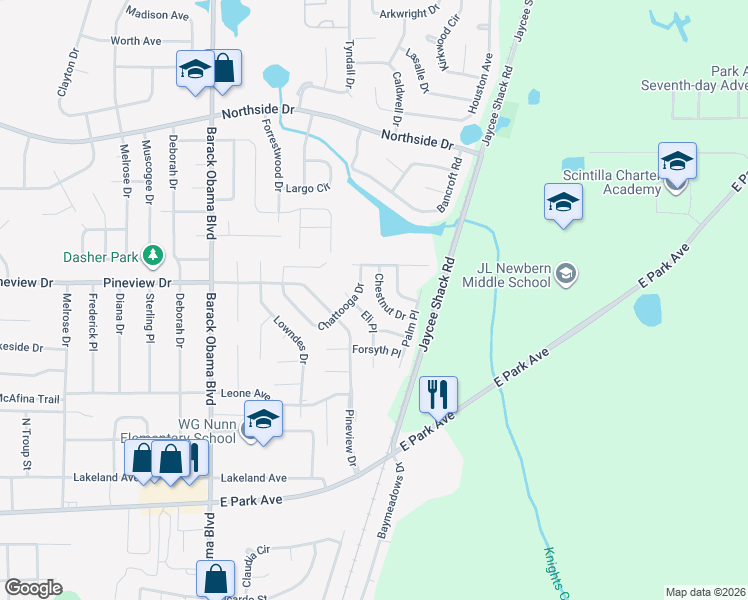 map of restaurants, bars, coffee shops, grocery stores, and more near 1813 Chestnut Drive in Valdosta