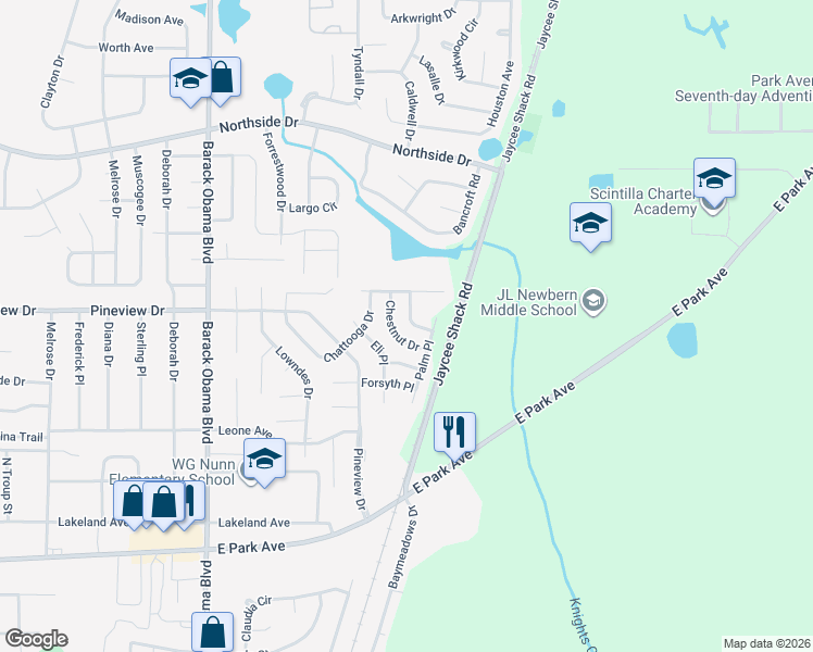 map of restaurants, bars, coffee shops, grocery stores, and more near 1818 Hazel Drive in Valdosta