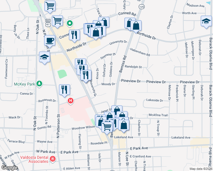 map of restaurants, bars, coffee shops, grocery stores, and more near 421 Moody Drive in Valdosta