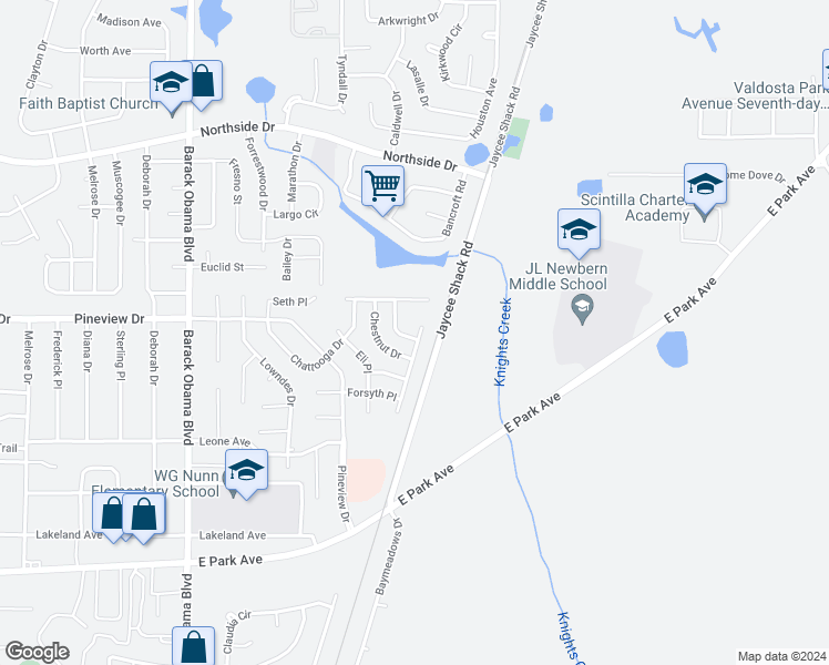 map of restaurants, bars, coffee shops, grocery stores, and more near 1818 Hazel Drive in Valdosta