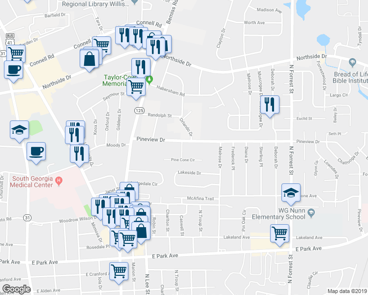 map of restaurants, bars, coffee shops, grocery stores, and more near 2229 Stracener Way in Valdosta