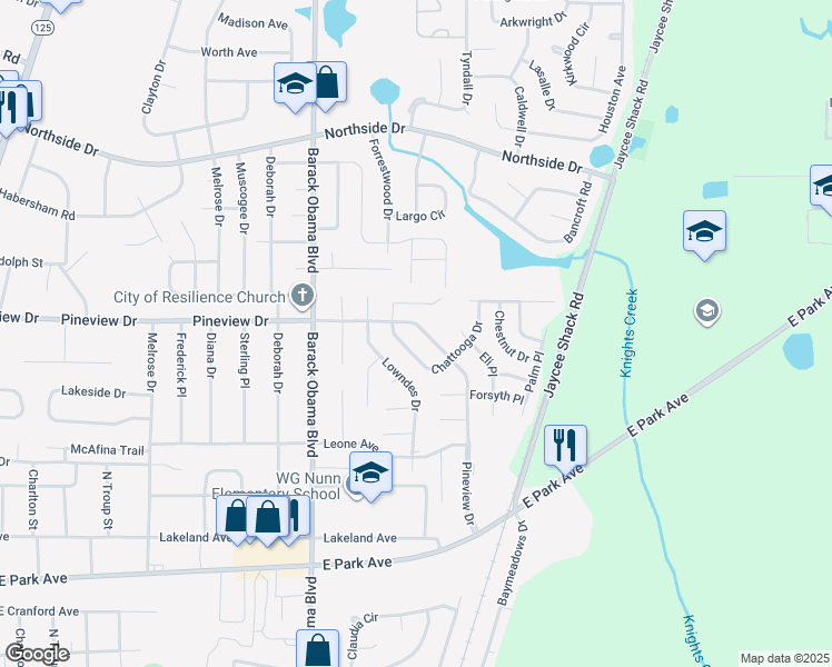 map of restaurants, bars, coffee shops, grocery stores, and more near 2737 Pineview Drive in Valdosta