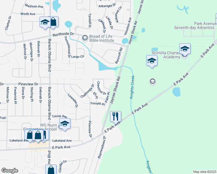 map of restaurants, bars, coffee shops, grocery stores, and more near 1838 Hazel Drive in Valdosta