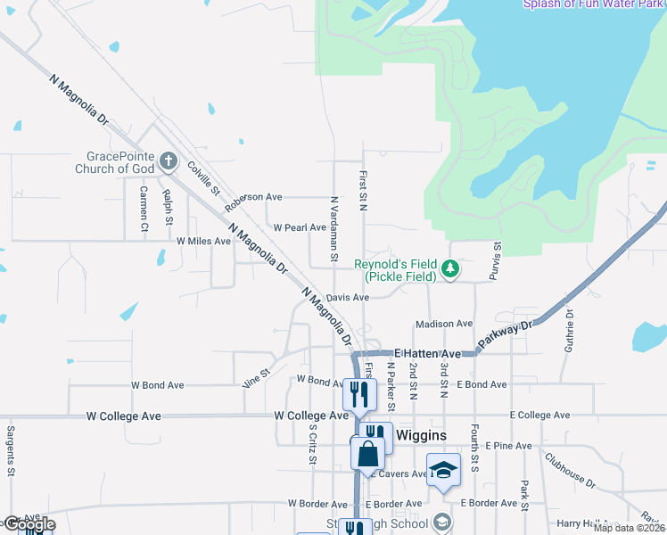 map of restaurants, bars, coffee shops, grocery stores, and more near 613 North Vardaman Street in Wiggins