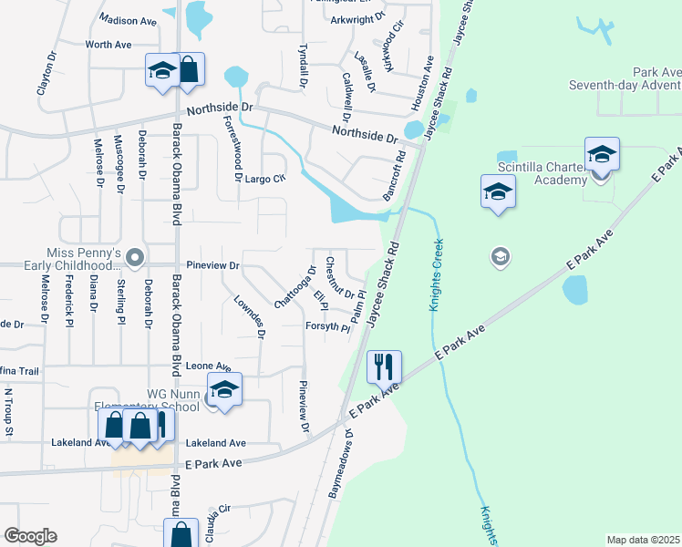 map of restaurants, bars, coffee shops, grocery stores, and more near 1818 Hazel Drive in Valdosta