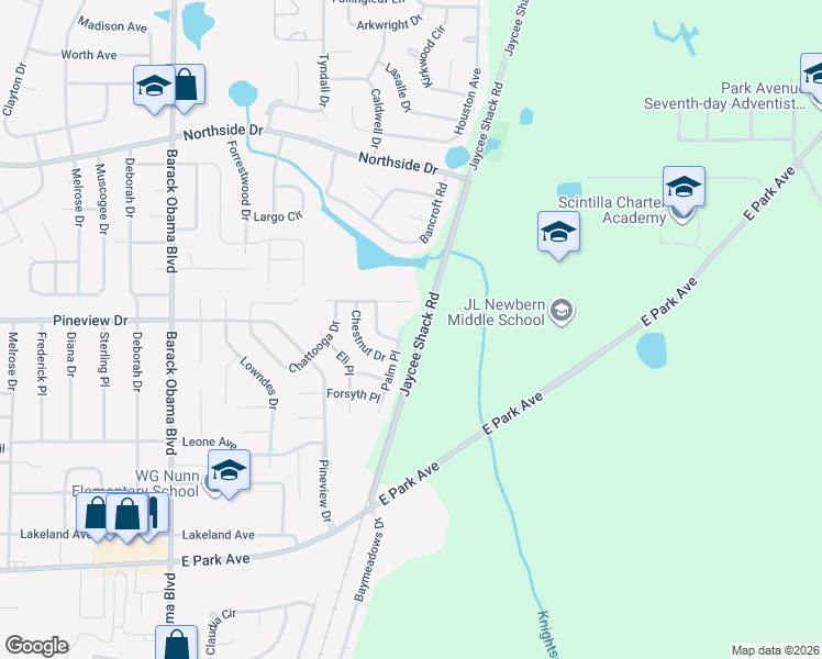 map of restaurants, bars, coffee shops, grocery stores, and more near 1957 Palm Place in Valdosta