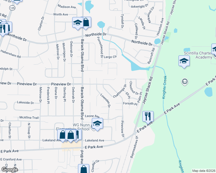 map of restaurants, bars, coffee shops, grocery stores, and more near 2737 Pineview Drive in Valdosta