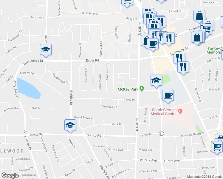 map of restaurants, bars, coffee shops, grocery stores, and more near 2862 Fawnwood Circle in Valdosta