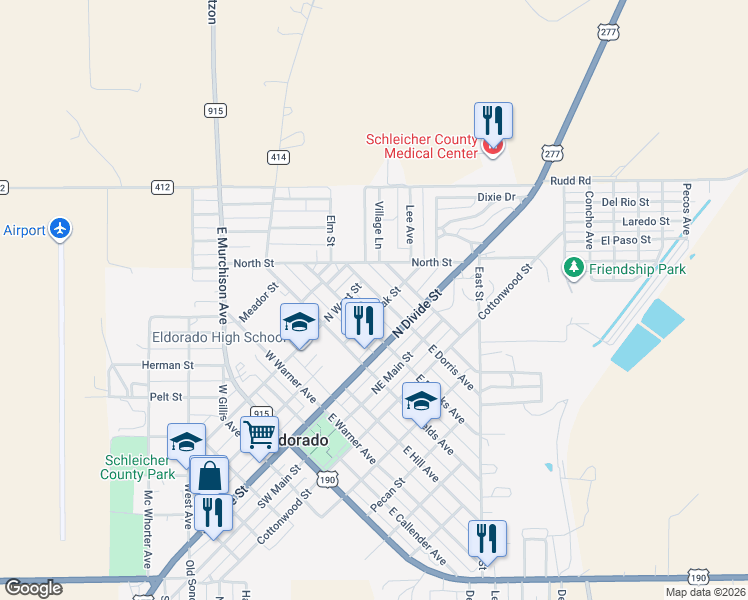 map of restaurants, bars, coffee shops, grocery stores, and more near 203 West Dorris Avenue in Eldorado