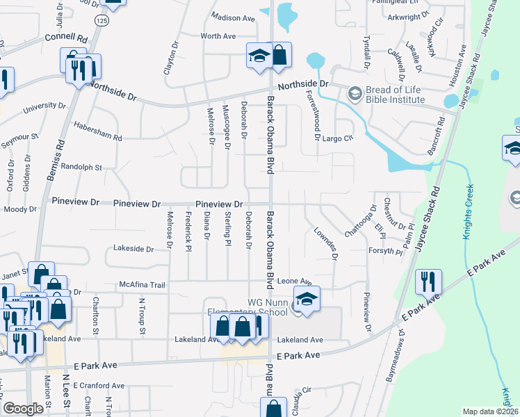 map of restaurants, bars, coffee shops, grocery stores, and more near 1303 Pineview Drive in Valdosta