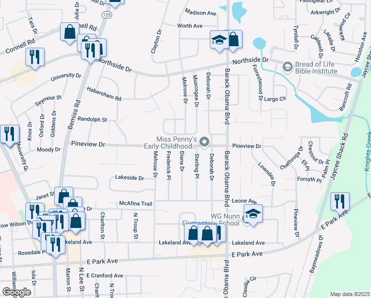 map of restaurants, bars, coffee shops, grocery stores, and more near 1101 Pineview Drive in Valdosta