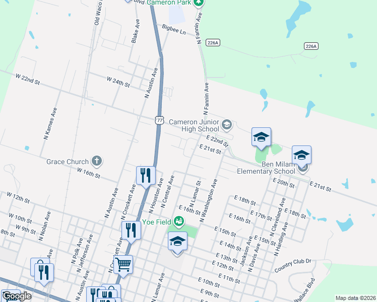 map of restaurants, bars, coffee shops, grocery stores, and more near 1904 North Fannin Avenue in Cameron