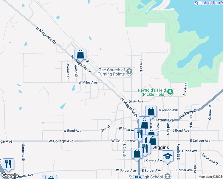 map of restaurants, bars, coffee shops, grocery stores, and more near 401 Braxton Avenue in Wiggins
