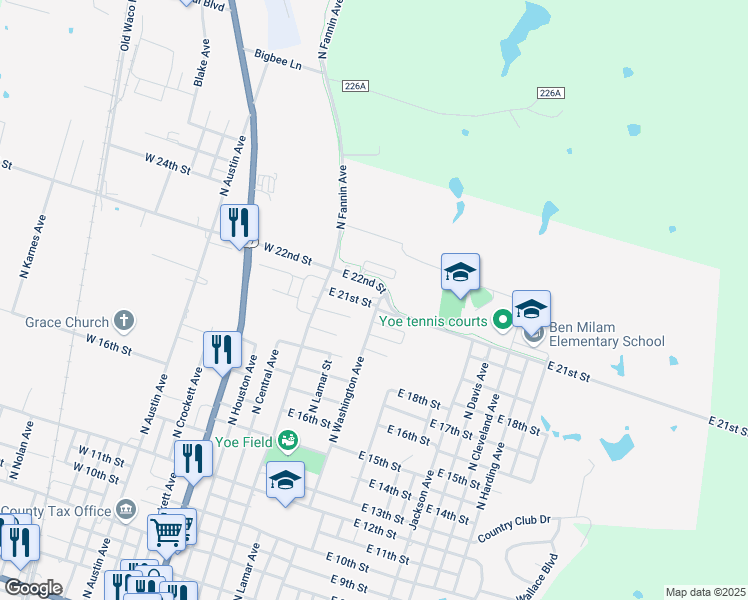 map of restaurants, bars, coffee shops, grocery stores, and more near 410 East 21st Street in Cameron