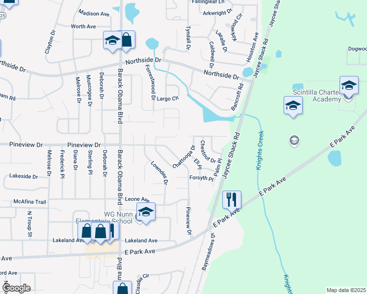 map of restaurants, bars, coffee shops, grocery stores, and more near 1701 Eli Place in Valdosta