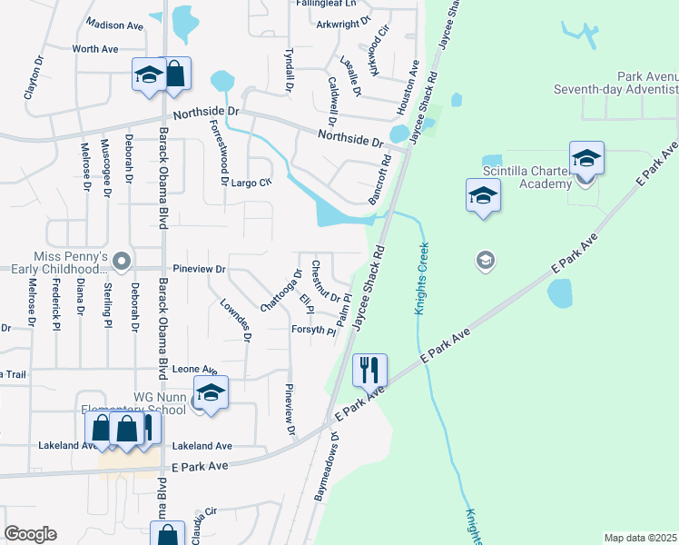 map of restaurants, bars, coffee shops, grocery stores, and more near 1818 Hazel Drive in Valdosta