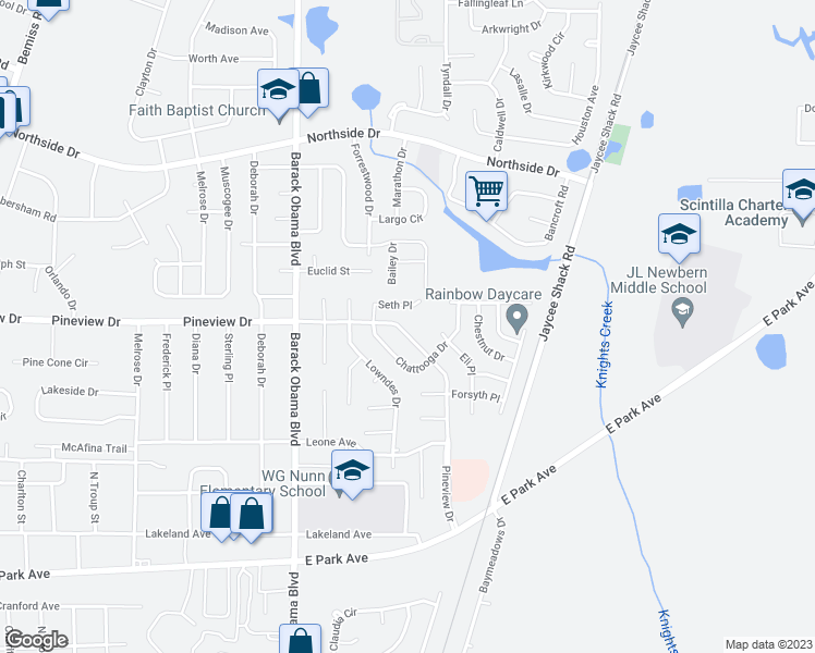 map of restaurants, bars, coffee shops, grocery stores, and more near 2725 Pineview Drive in Valdosta