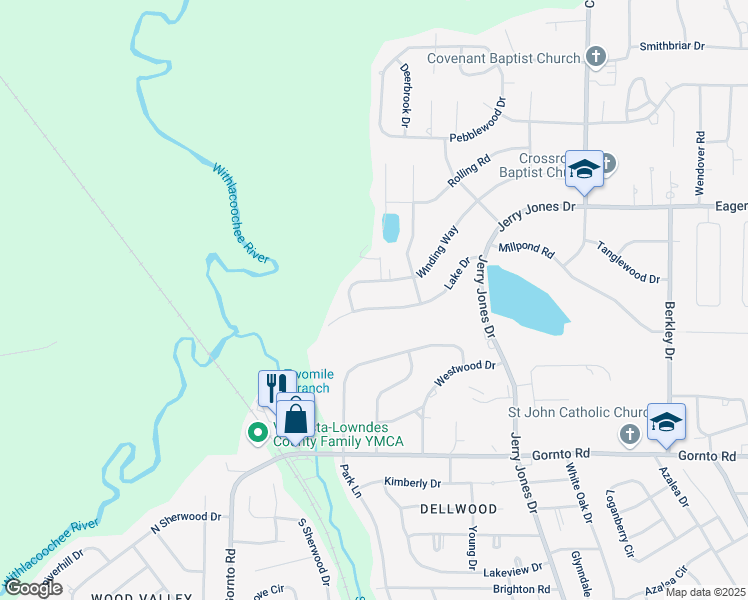 map of restaurants, bars, coffee shops, grocery stores, and more near 1208 Lake Dr in Valdosta