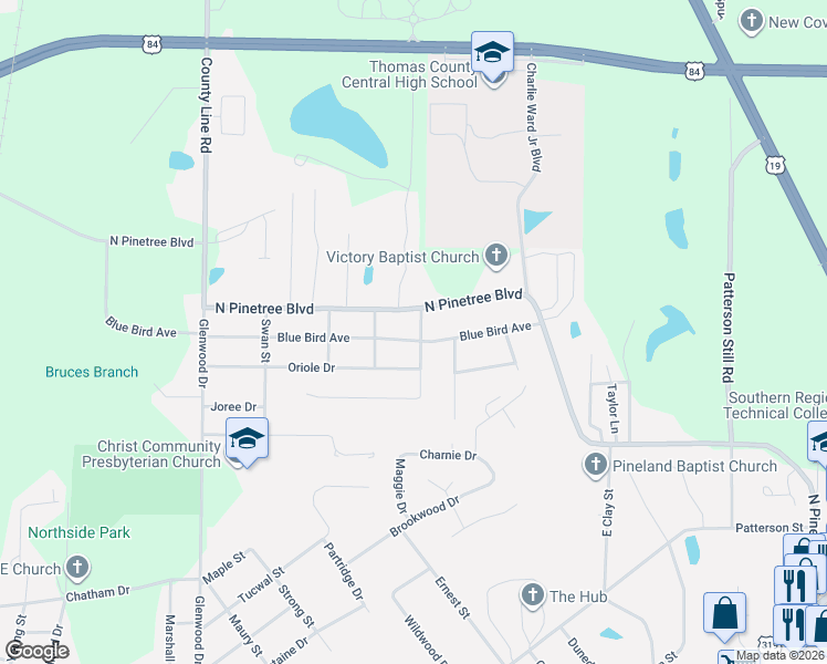 map of restaurants, bars, coffee shops, grocery stores, and more near 1309 Blue Bird Avenue in Thomasville