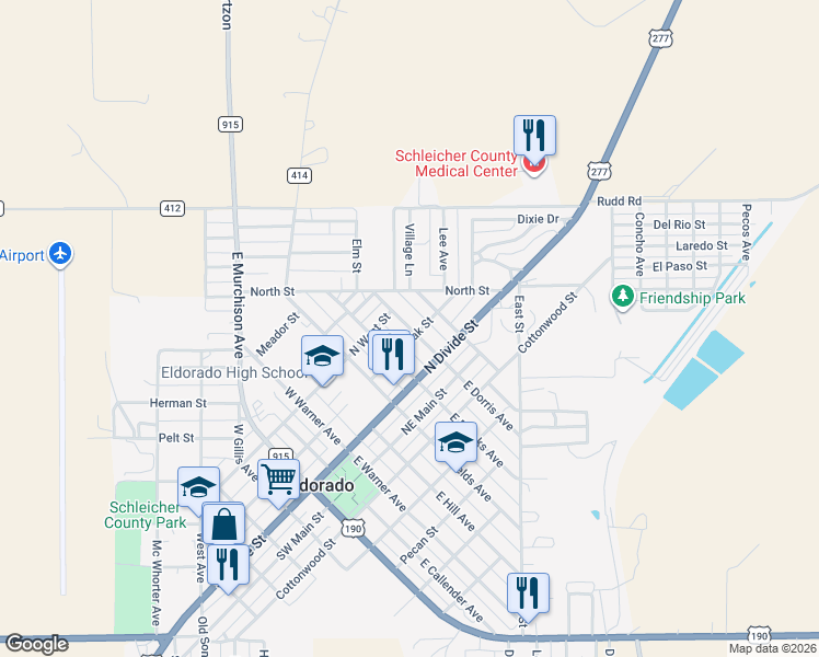 map of restaurants, bars, coffee shops, grocery stores, and more near 203 West Dorris Avenue in Eldorado