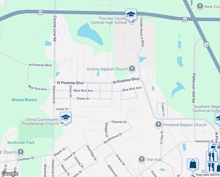 map of restaurants, bars, coffee shops, grocery stores, and more near 1309 Blue Bird Avenue in Thomasville