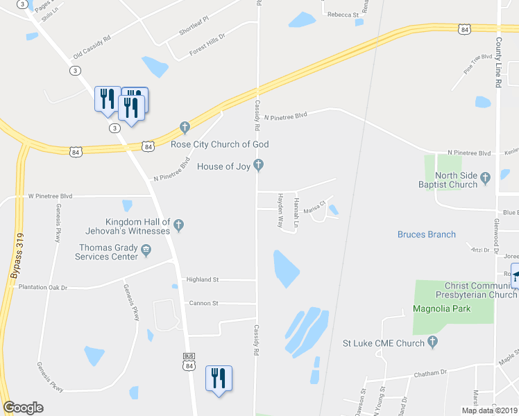 map of restaurants, bars, coffee shops, grocery stores, and more near 101 Emily Lane in Thomasville