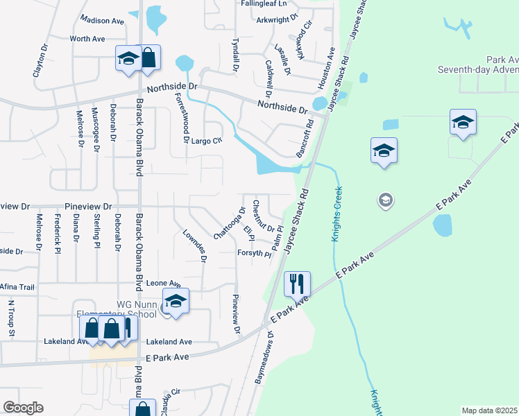 map of restaurants, bars, coffee shops, grocery stores, and more near 1812 Chestnut Drive in Valdosta