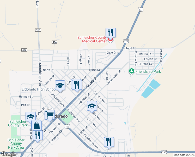 map of restaurants, bars, coffee shops, grocery stores, and more near 608 North Divide Street in Eldorado