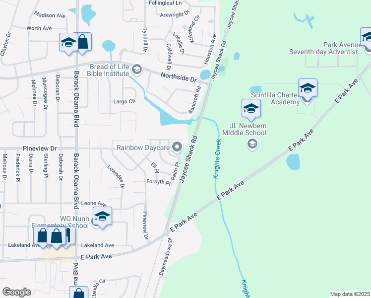 map of restaurants, bars, coffee shops, grocery stores, and more near 1957 Palm Place in Valdosta