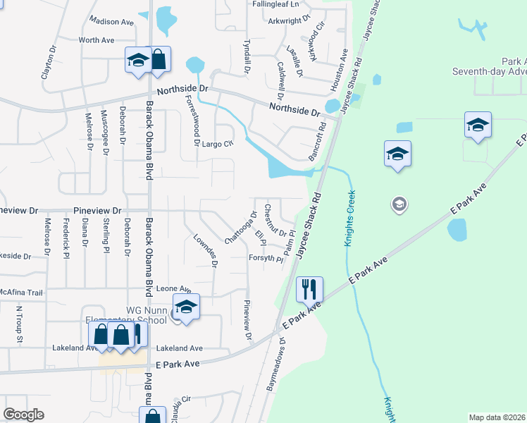 map of restaurants, bars, coffee shops, grocery stores, and more near 1813 Chestnut Drive in Valdosta