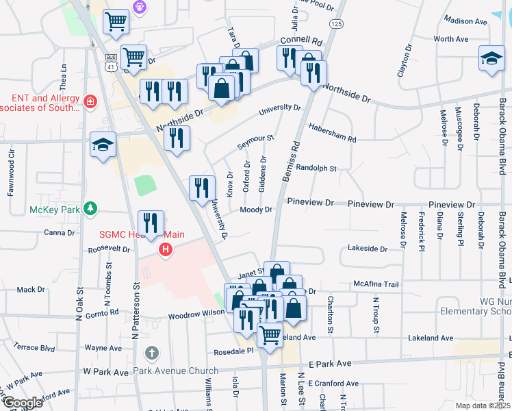 map of restaurants, bars, coffee shops, grocery stores, and more near 2400 Giddens Drive in Valdosta
